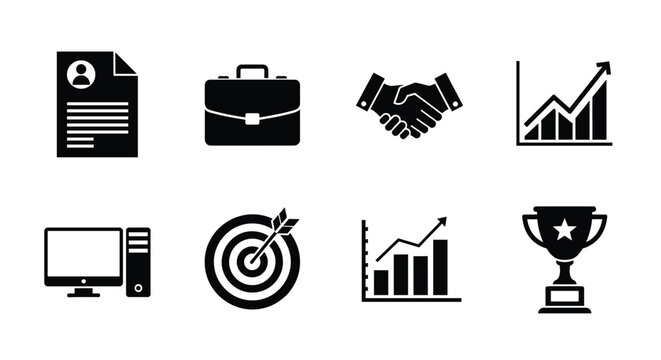 Black silhouette icons representing business concepts, including a resume, briefcase, handshake, growth charts, computer, target, and trophy, symbolizing success and goals.