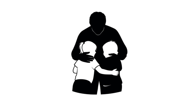 Silhouette of an adult male hugging two children from behind, depicting a familial bond and affection.