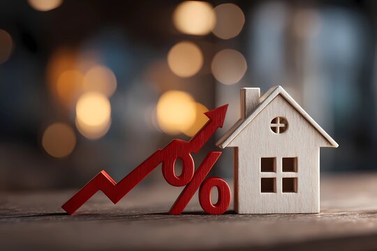 Rising home prices indicated by percentage symbol and wooden house on table during a cozy indoor setting - Powered by Adobe
