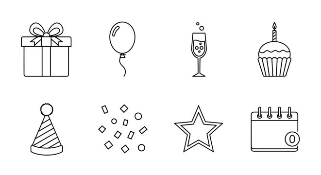 Simple black outline icons of a gift box, balloon, champagne glass, cupcake with candle, party hat, confetti, star, and calendar depicting celebration themes. - Powered by Adobe