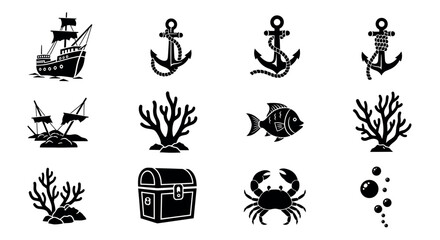 Black silhouette icons depicting a sailing ship, various anchors, sunken ship, coral, fish, treasure chest, crab, and bubbles, illustrating ocean and nautical themes.