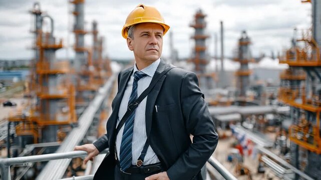 Industry Vision: A confident engineer, clad in a safety helmet and formal attire, surveys the expansive industrial complex.