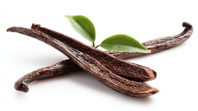 Dried vanilla beans with green leaves displayed on white background showing split pods revealing aromatic seeds inside for baking and flavoring desserts