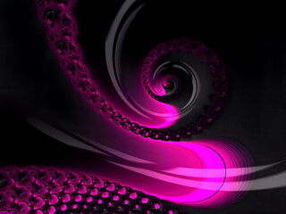 Abstract glowing fractal background with purple, magenta and pink swirl ornament on black and grey.