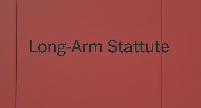 Bold text "Long-Arm Stattute" on a deep red textured background, modern design element.