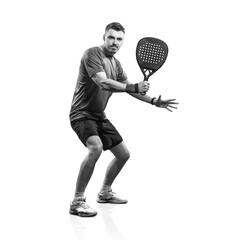 Padel player isolated on white background. Open social tour template.