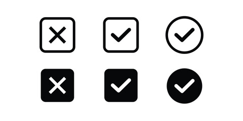 Black and white checkmark and cross icons in square and circle Isolated On Transparent Background