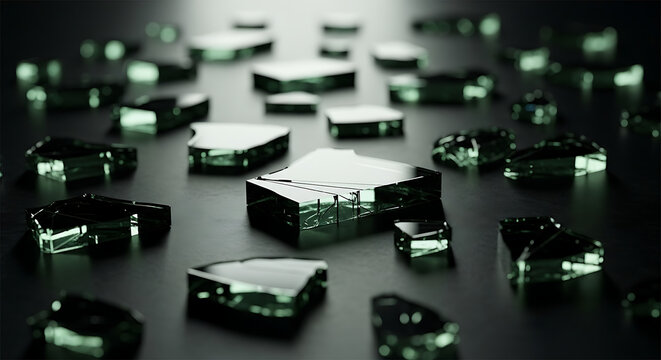 Scattered reflective rectangular blocks in dark setting with shallow depth of field and subtle green tint ai generated