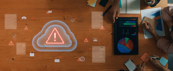 Cloud computing with alert icons and security elements, representing real-time threat detection,...