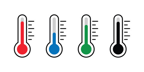 Four Thermometer Icons with Red Blue Green and Black Liquid Isolated On Transparent Background