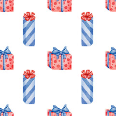 Fototapeta premium Seamless watercolor pattern with hand drawn gift boxes, red bows, blue ribbons, and festive wrapping on a transparent background. Perfect for birthday, holiday, celebration design, party decor