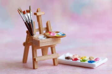Obraz premium Miniature artist desk with tiny brushes and paints in soft light.