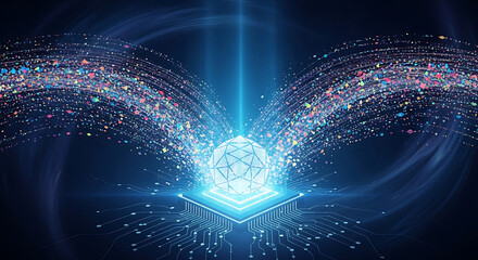 Geometric sphere on a circuit board with particle streams and bright blue light effects around it ai generated