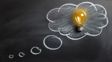 bright idea concept with lightbulb in thought bubble on chalkboard