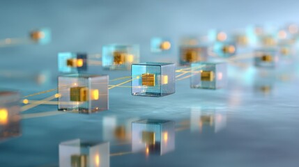 Abstract digital blockchain concept with connected transparent cubes