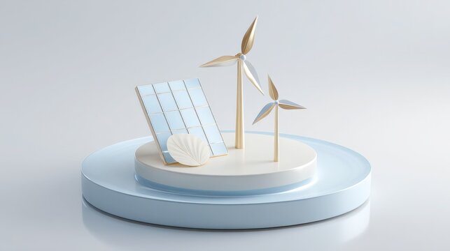 Renewable energy concept with solar panel and wind turbines on a pedestal
