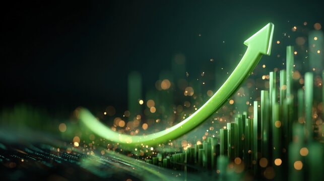 Green arrow pointing up over bar graph, representing business growth and success