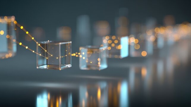 Abstract blockchain technology with connected glass cubes and glowing lights