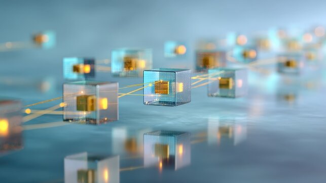 Abstract digital blockchain concept with connected transparent cubes