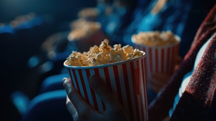 Enjoying a bucket of popcorn at the cinema during a movie screening