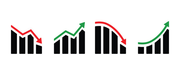 Four bar chart graphs showing upward and downward trends Isolated On Transparent Background