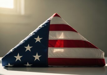 Folded American Flag with Gentle Sunlight
