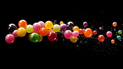 Vivid explosion of colorful candies on black background