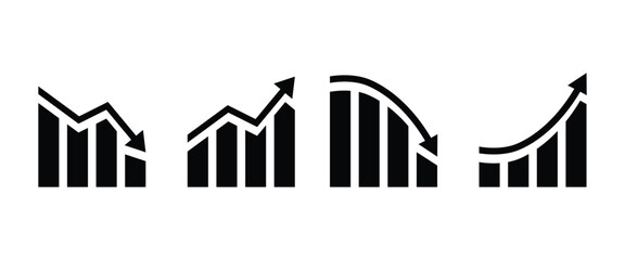 Four Black Bar Graph Icons Showing Trends On Transparent Background