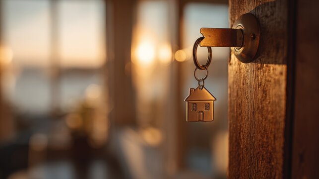 House key in door, symbol of home ownership and real estate