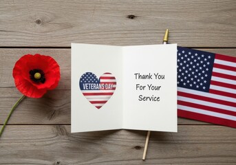Veterans Day Flatlay with Red Poppy and US Flag
