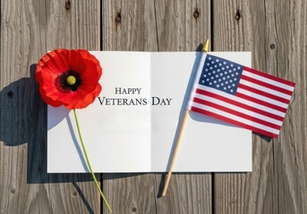 Veterans Day Flatlay with Red Poppy and US Flag

