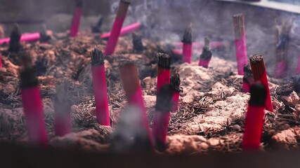 Dozens of red pink incense sticks smolder in ash at a Tokyo temple. Thin smoke rises, charred tips glow. Macro close up, shallow depth, warm soft light. - Powered by Adobe