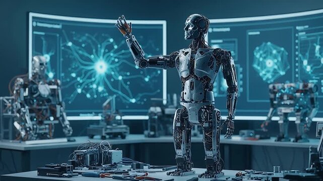 Advanced AI Humanoid Robot Engaging in Interactive Virtual Interface for Future Technology.