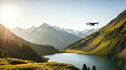 Drone flying over serene alpine lake surrounded by majestic snow-capped mountains and lush green hills during golden hour sunlight - Powered by Adobe