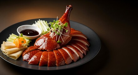 A succulent platter of expertly sliced roasted Peking duck, featuring crispy golden-brown skin, served with delicate pancakes and fresh garnishes