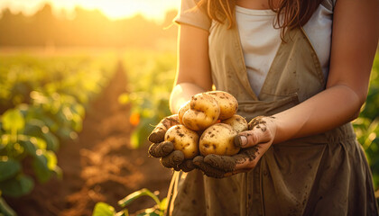 farmer's hands holding potatoes in the field
