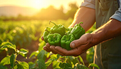 farmer's hands holding bell peppers in the field