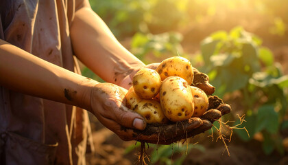 farmer's hands holding potatoes in the field