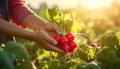 farmer's hands holding radishes in the field