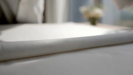 Medium shot of hands examining cotton fabric texture for embroidery suitability in a bright studio setting. - Powered by Adobe