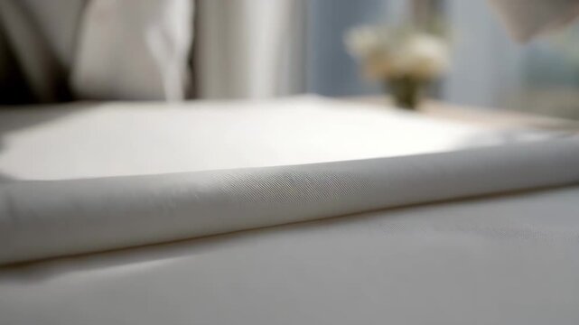 Medium shot of hands examining cotton fabric texture for embroidery suitability in a bright studio setting.