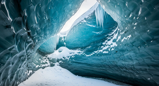 A view of an ice cave interior with icicles hanging and snow on the ground and blue ice walls ai generated