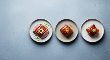 Exquisite trio of expertly prepared gourmet meat dishes, showcasing a delightful presentation of culinary artistry, perfect for a refined dining experience or appetizer selection