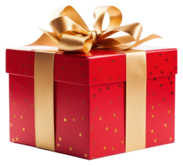 Red gift box wrapped with gold bow and ribbon white background celebration anniversary.