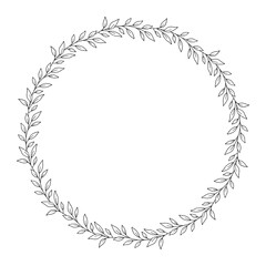 Floral frame of leaves, wild herbs, twigs and branches. Botanical wreath, black outline, isolated on white. Round sketch garland for wedding decoration and design projects. Vector illustration