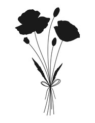 Wildflower silhouette bouquet in black color. Hand drawn flower shapes, meadow herbs, wild plants, and botanical elements for design projects. Vector illustration