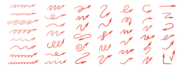 Arrow crayon hand drawn set. Red curve lines on white background. Chalk, charcoal, pastel doodle direction pointers. Pencil sketch. Grunge textured strokes, underlines. Freehand waved arrows. Vector
