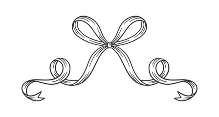 Coquette bow black, thin line drawing. Hand drawn illustration of whimsical tied ribbon. Wedding, birthday gift sketch in retro style. Cute girly vector illustration. Doodle lace.