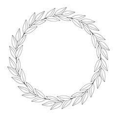 Floral wreath of leaves, wild herbs, twigs and branches. Botanical frame, black outline, isolated on white. Round sketch garland for wedding decoration and design projects. Vector illustration