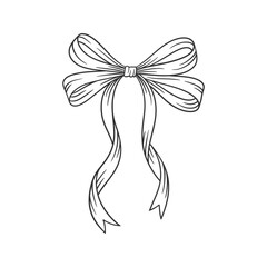 Coquette bow black, line art drawing. Hand drawn illustration of vintage ribbon. Wedding, birthday gift, retro style. Cute girly vector illustration. Doodle lace.